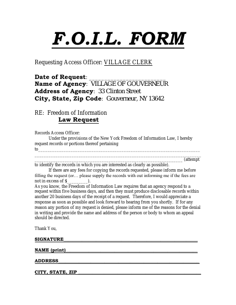 First page of the Freedom of Information Law Request Form