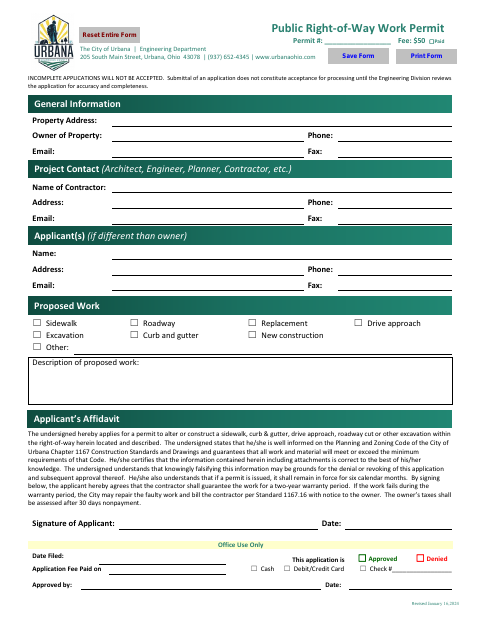 First page of the Public Right-of-Way Work Permit