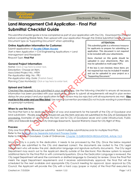 First page of the Land Management Final Plat Submittal Checklist