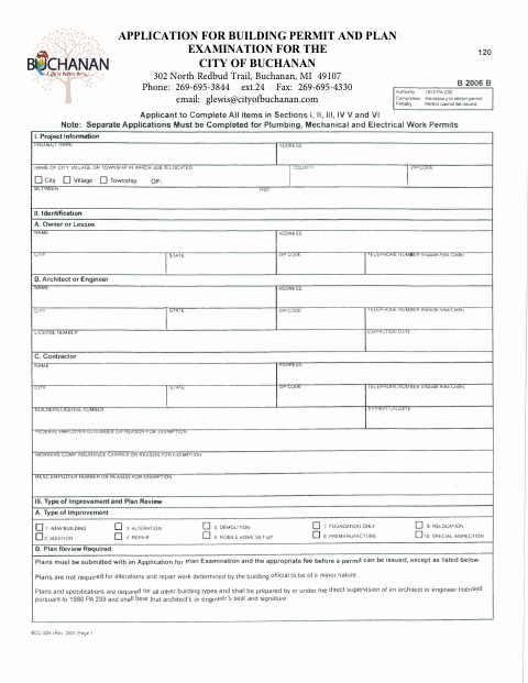 First page of the Application for Building Permit and Plan Examination