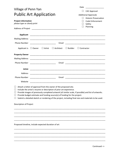 First page of the Public Art Application