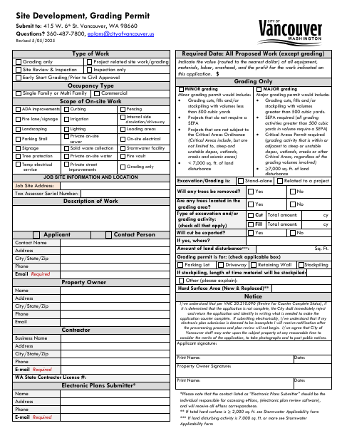 First page of the Site Development, Grading Permit Application