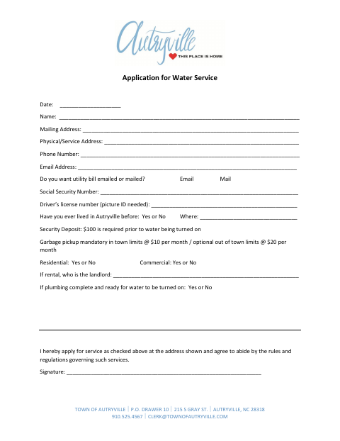 First page of the Application for Water Service
