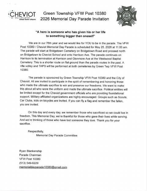 First page of the Memorial Day Parade Entry Form 2026