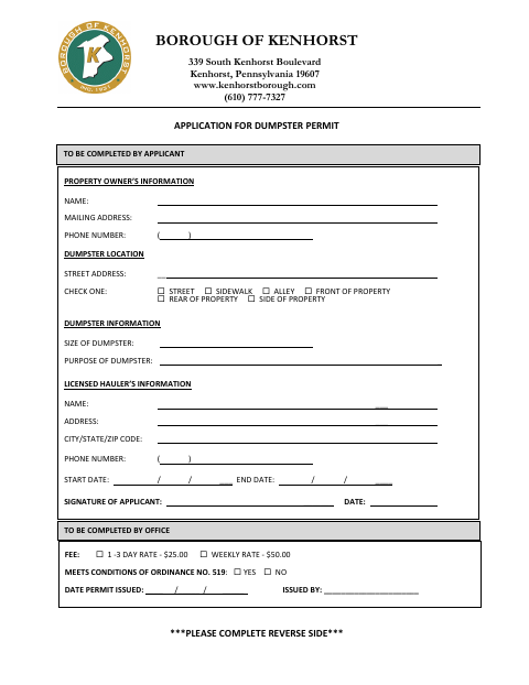 First page of the Dumpster Permit Application