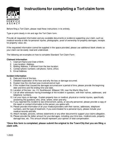 First page of the Claim for Damages Form
