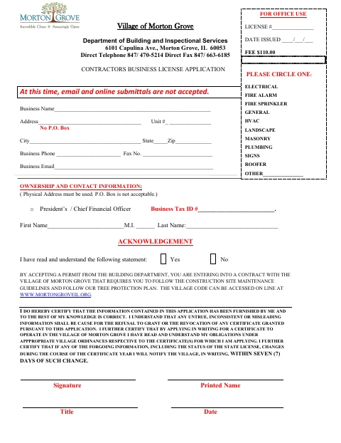 First page of the Contractors Business License Application