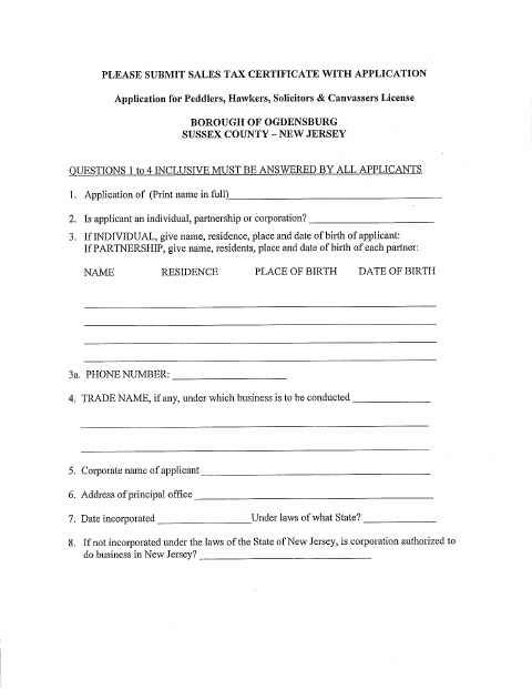 First page of the Peddler Permit Application