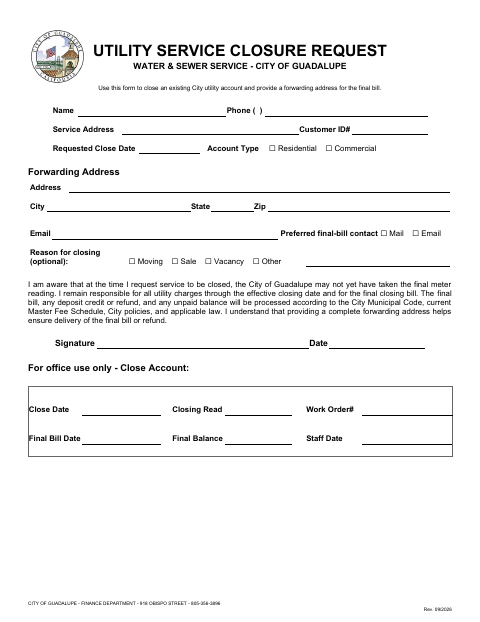 First page of the Utility Service Closure Request Water & Sewer Service