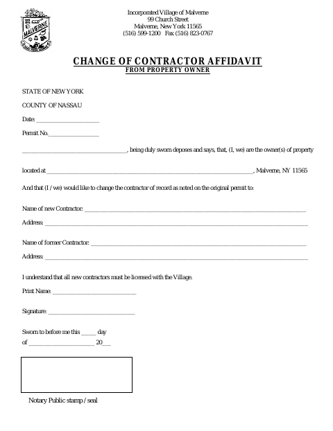 First page of the Change of Contractor Affidavit From Property Owner