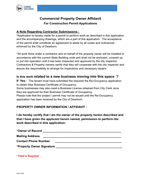 First page of the Commercial Property Owner Affidavit for Construction Permit Applications