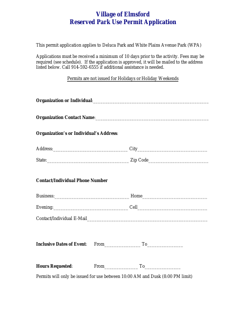 First page of the Reserved Park Use Permit Application