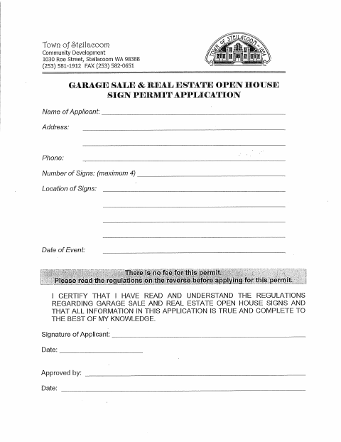 First page of the Garage Sale & Real Estate Open House Sign Permit Application