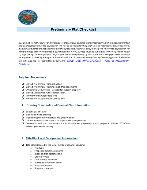 First page of the Preliminary Plat Checklist