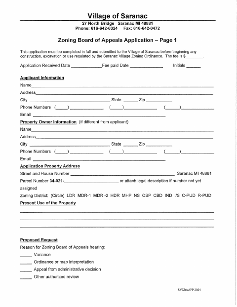 First page of the Zoning Board of Appeals Application