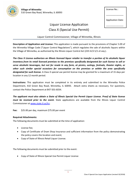 First page of the Class X Special Use Liquor Application
