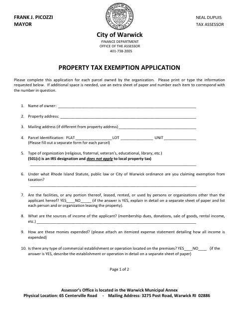 First page of the Property Tax Exemption Application