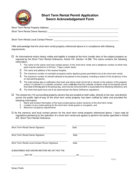 First page of the Short Term Rental Permit Application Sworn Acknowledgement Form