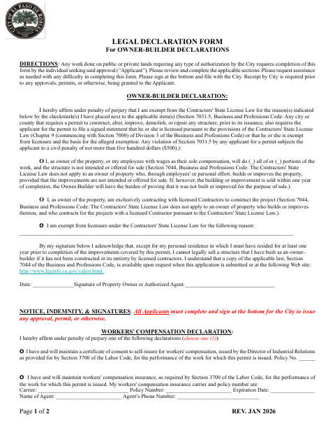 First page of the Legal Declaration Form for Owner-Builder Declarations