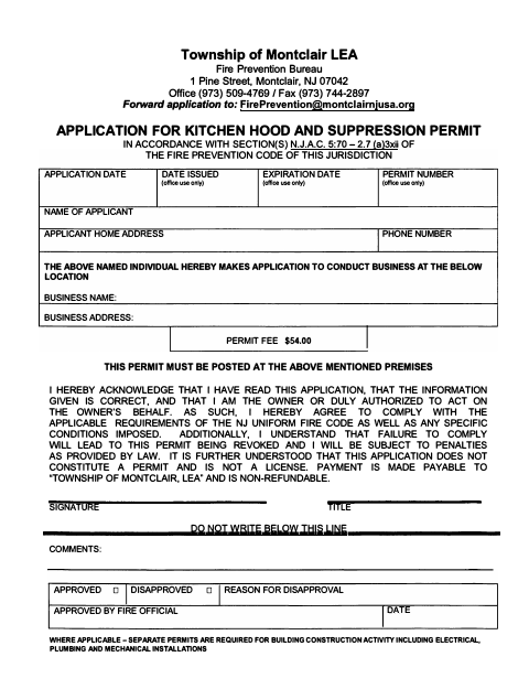 First page of the Application for Kitchen Hood and Suppression Permit