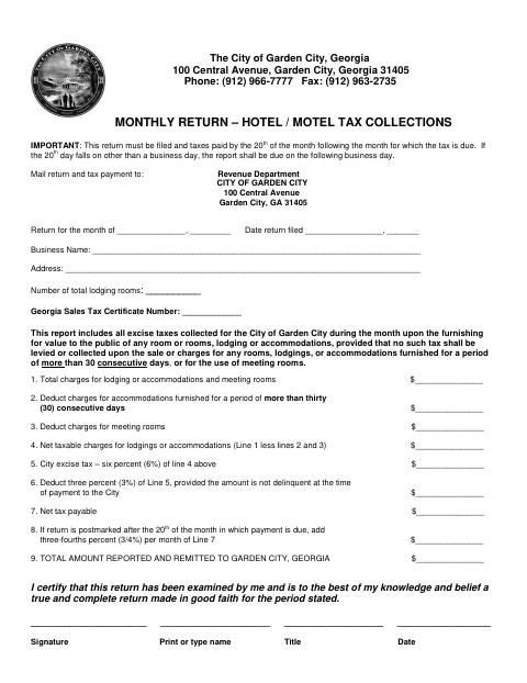 First page of the Monthly Return – Hotel / Motel Tax Collections