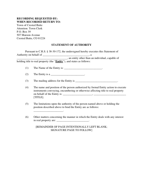 First page of the Statement of Authority