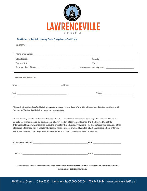 First page of the Multi-Family Rental Housing Code Compliance Certificate