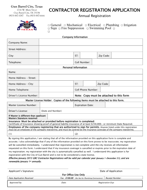 First page of the Universal Contractor Registration Application
