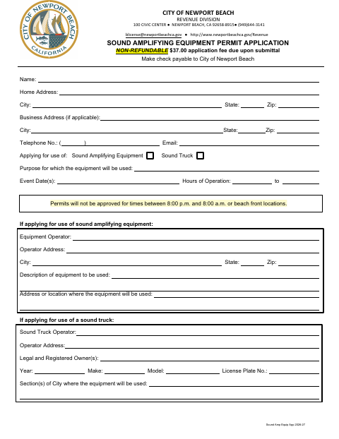 First page of the Sound Amplifying Equipment Permit Application