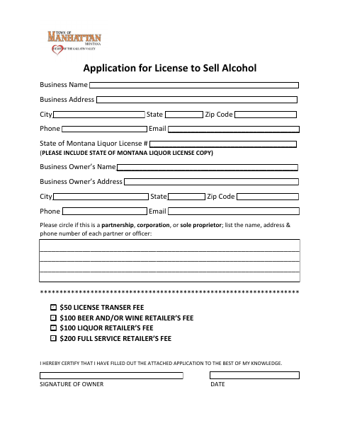 First page of the Application for License to Sell Alcohol