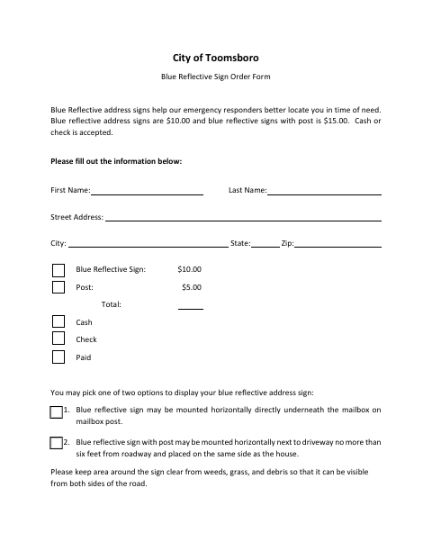 First page of the Blue Reflective Sign Order Form