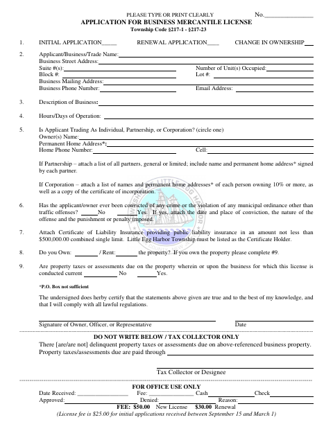 First page of the Business Mercantile License Application