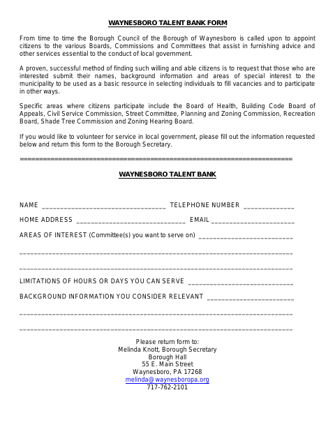 First page of the Talent Bank Form