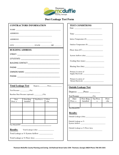 First page of the Duct Leakage Test Form