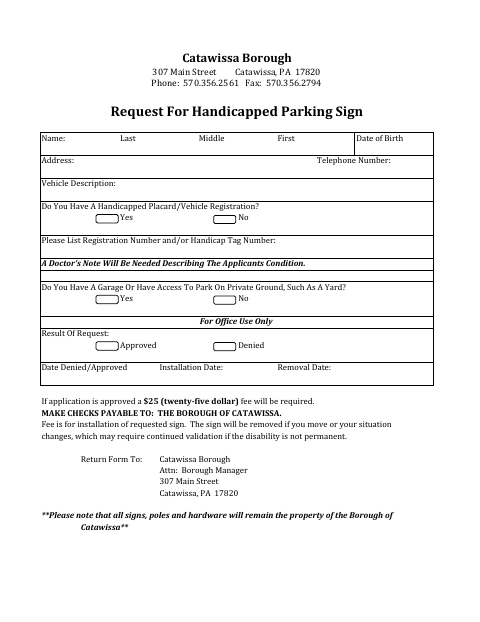 First page of the Request for Handicapped Parking Sign