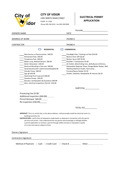 First page of the Electrical Permit Application