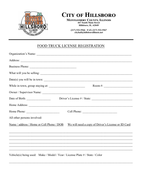 First page of the Food Truck License Registration