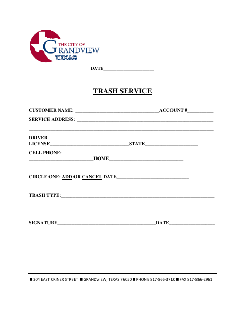 First page of the Trash Service Form