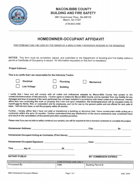 First page of the Homeowner Occupant Affidavit Packet