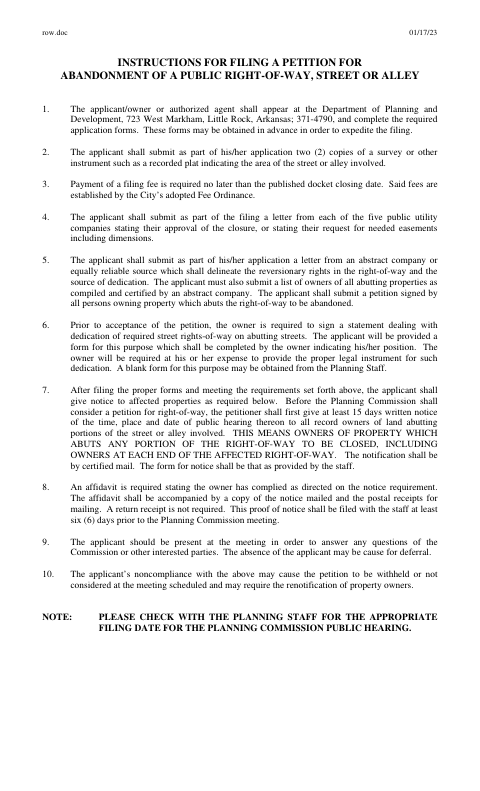 First page of the Petition for Abandonment of Public Right-of-Way