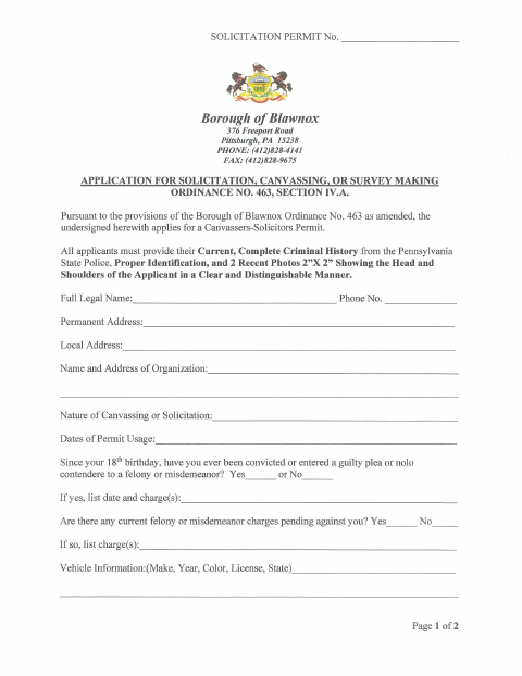 First page of the Application for Solicitation and Canvassing