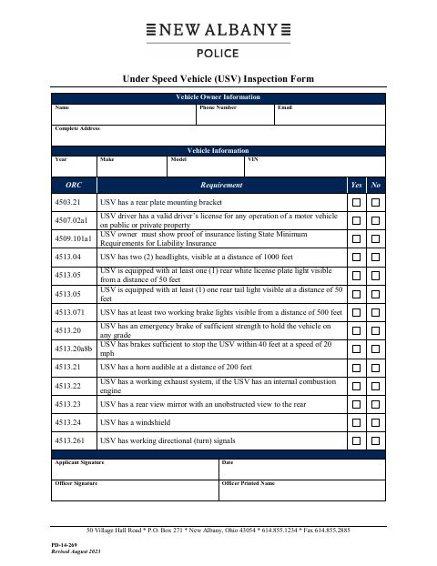 First page of the Under Speed Vehicle Inspection Form