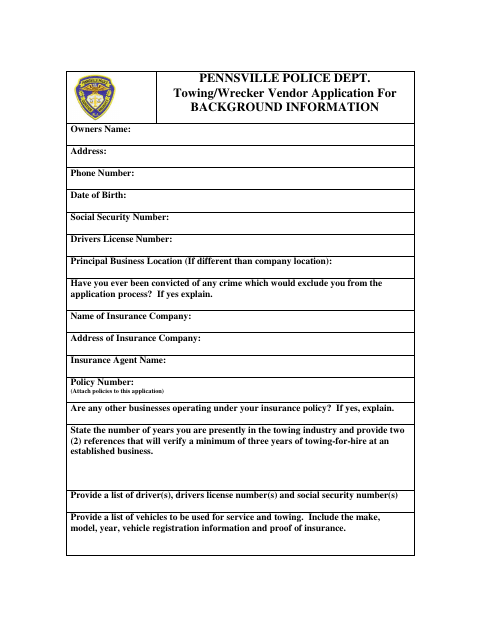 First page of the Towing/Wrecker Vendor Application