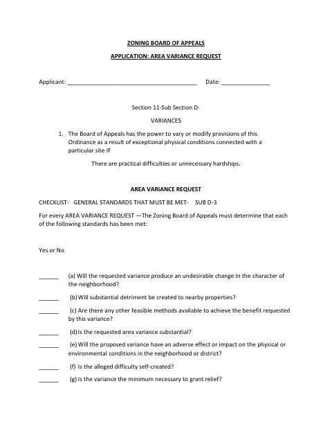 First page of the Area Variance Request