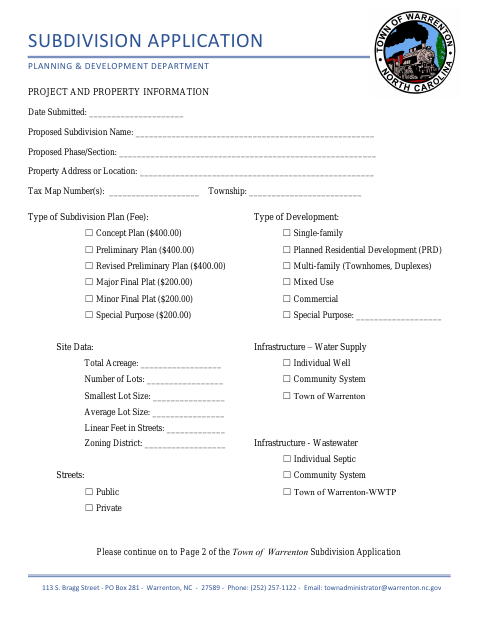First page of the Subdivision Application