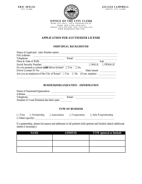 First page of the Auctioneer License Application
