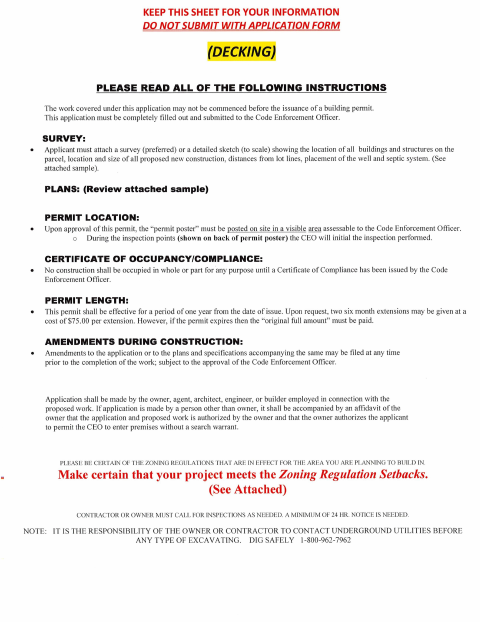 First page of the Decking Building Permit Application