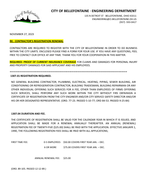 First page of the Contractor Registration Renewal