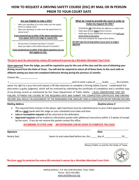 First page of the Driving Safety Course Request Form