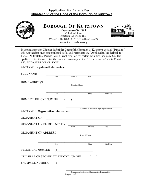 First page of the Application for Parade Permit